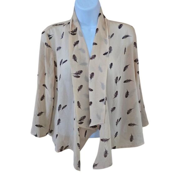 Womens Feather Print Sheer Beige Cardigan Top boho cottagecore grannycore - Picture 3 of 5
